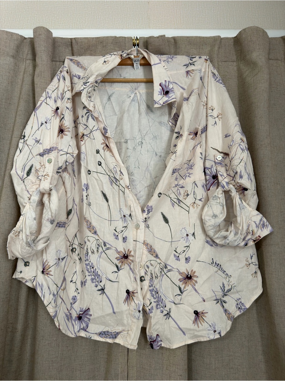 Women's Floral Button-Up Linen Blouse - Cream with Lavender Print